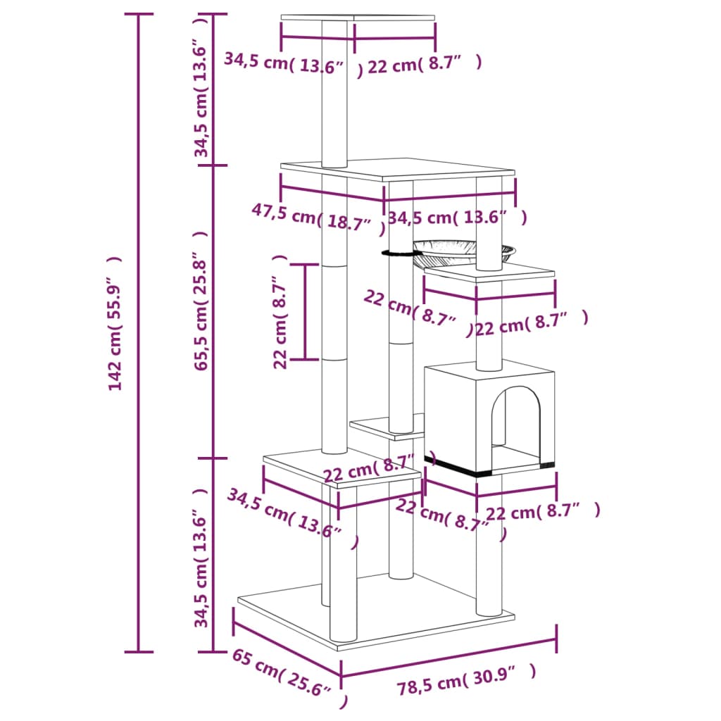 Cat furniture with sisal scratching posts 142 cm cream-colored