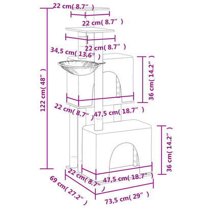 Cat furniture with sisal scratching posts 122 cm light gray